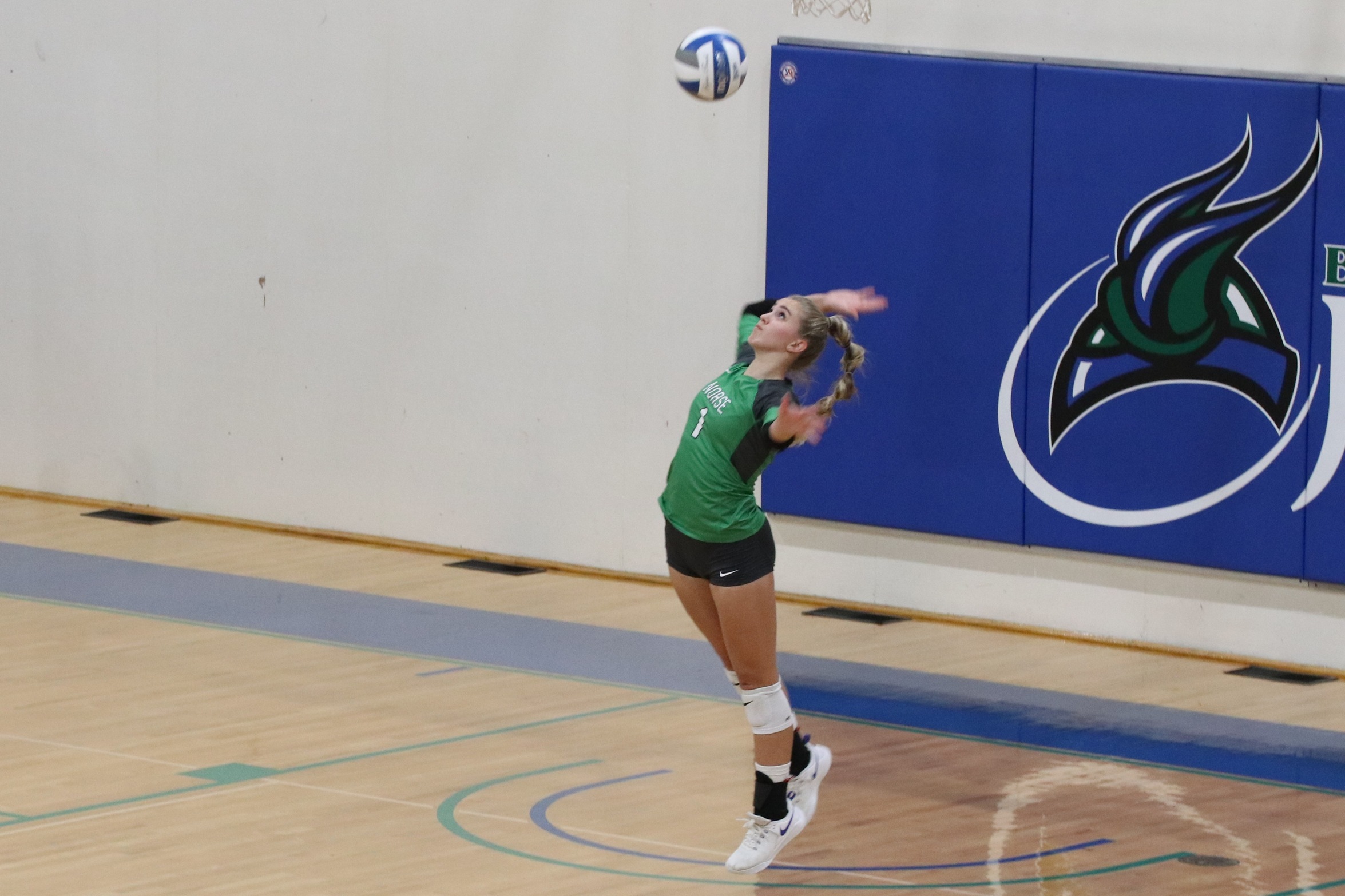 Leah Allan about to connect for a serve.