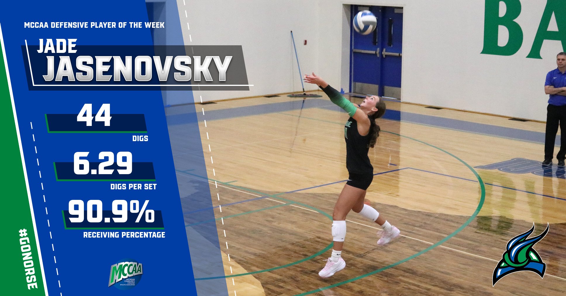 A graphic with Jasenovsky hitting a ball over her shoulder, showing stats from the week of games